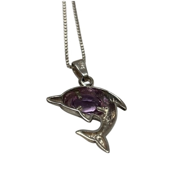 Sterling Silver Dolphin Charm with Amethyst Stone. - Picture 2 of 4